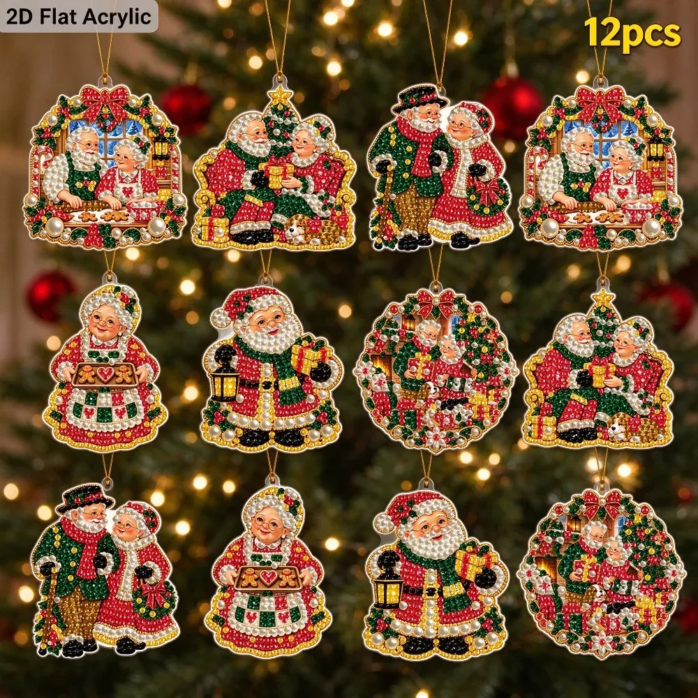 12 Diamantmalerei Weihnachtsornamente 8 cm Herr und Frau Claus