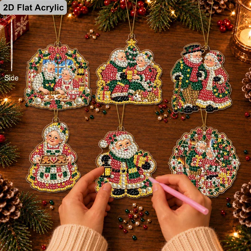 12 Diamantmalerei Weihnachtsornamente 8 cm Herr und Frau Claus