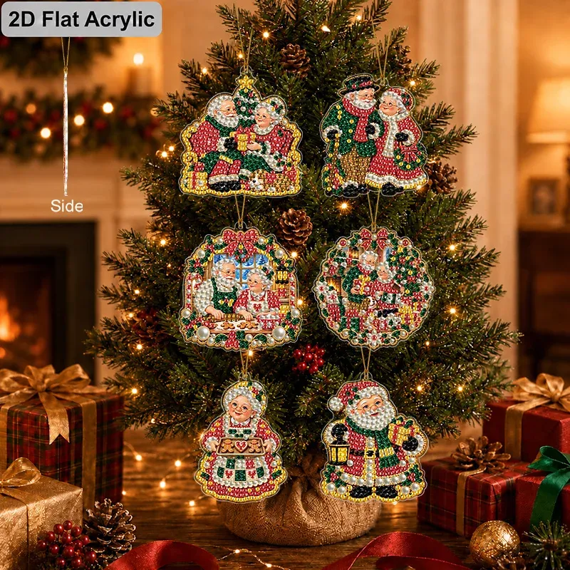 12 Diamantmalerei Weihnachtsornamente 8 cm Herr und Frau Claus