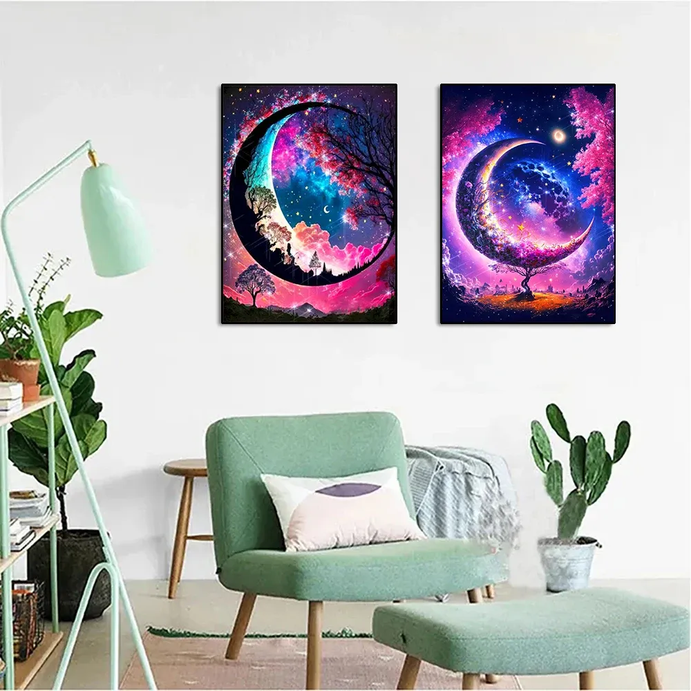 5D Diamantmalerei Fantasie Mond Baum Landschaft mit Vollbohrern