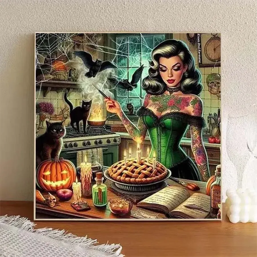 5D Diamantmalerei Hexe Katze 30 x 30 bis 50 x 50 cm
