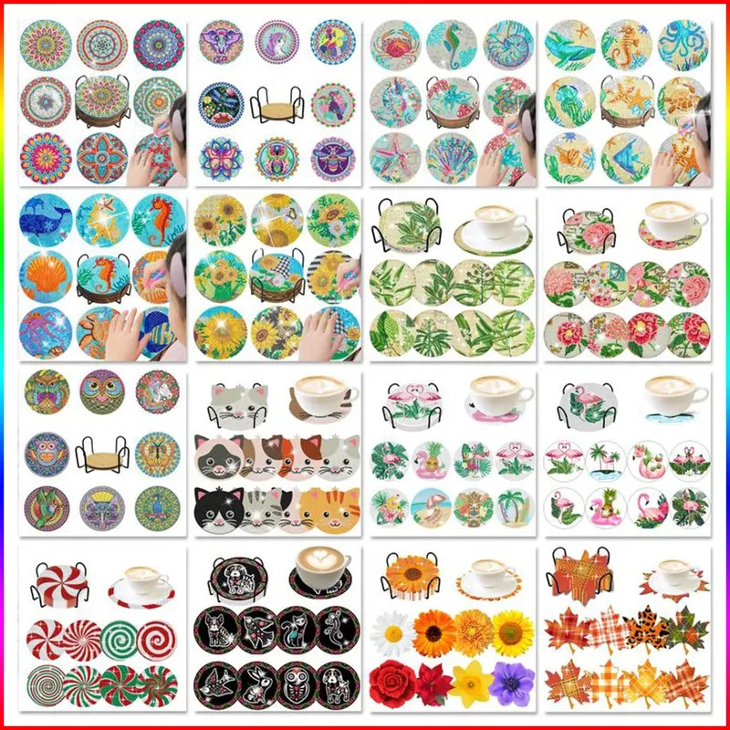 8er Set Diamantmalerei Untersetzer Tierbecher Kissen mit Halter