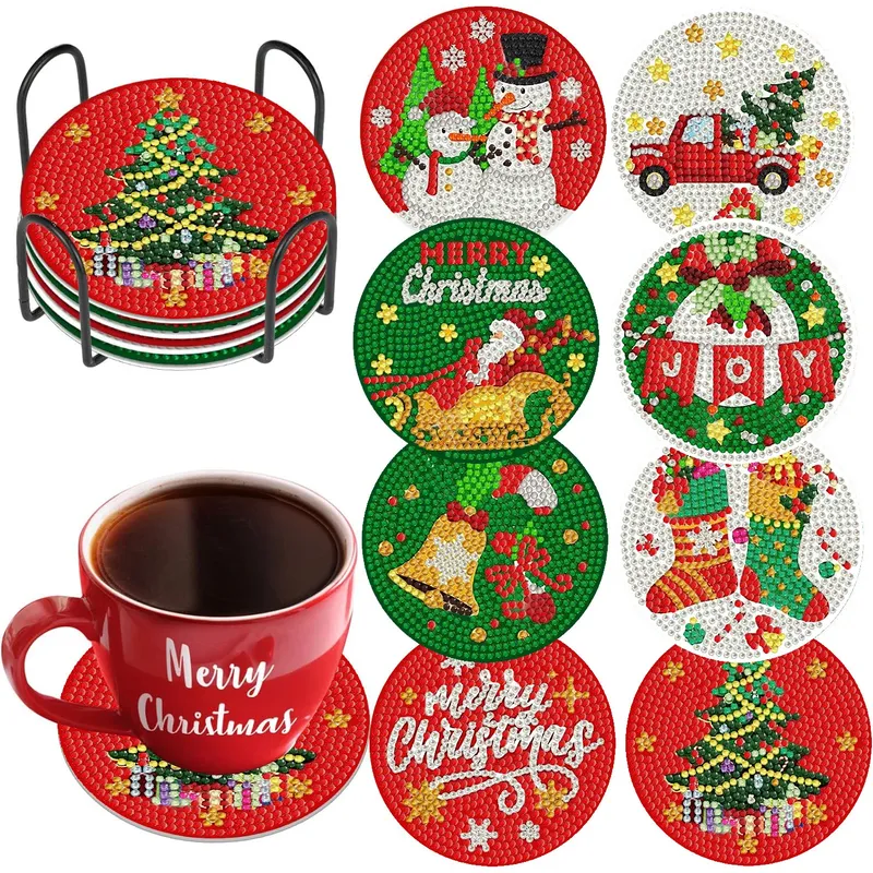 8er Set Weihnachtsmuster Diamantmalerei Untersetzer für Kinder