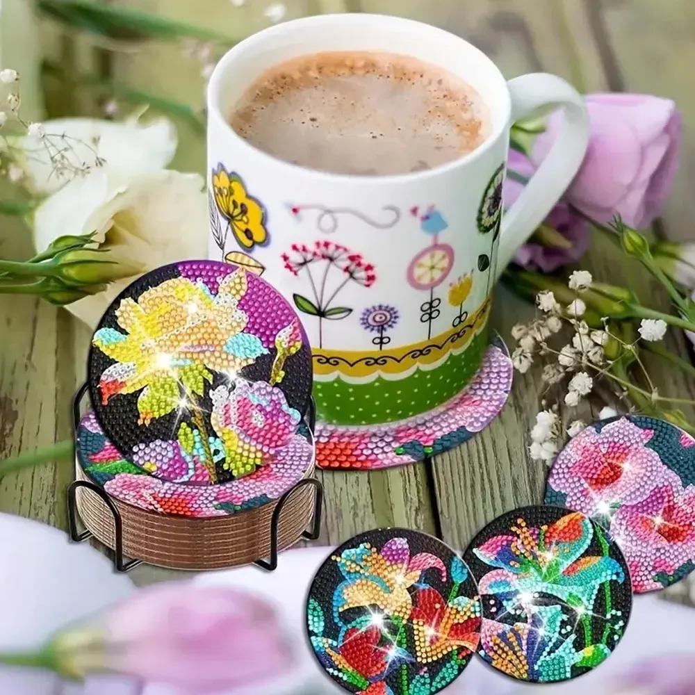 Blumenmuster Diamantmalerei Untersetzer Set mit Halter Holz