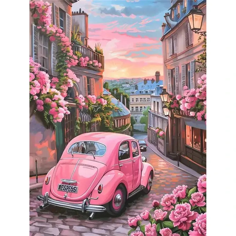 Diamantbild Auto Straße Landschaft Blumen Mosaik Stickerei