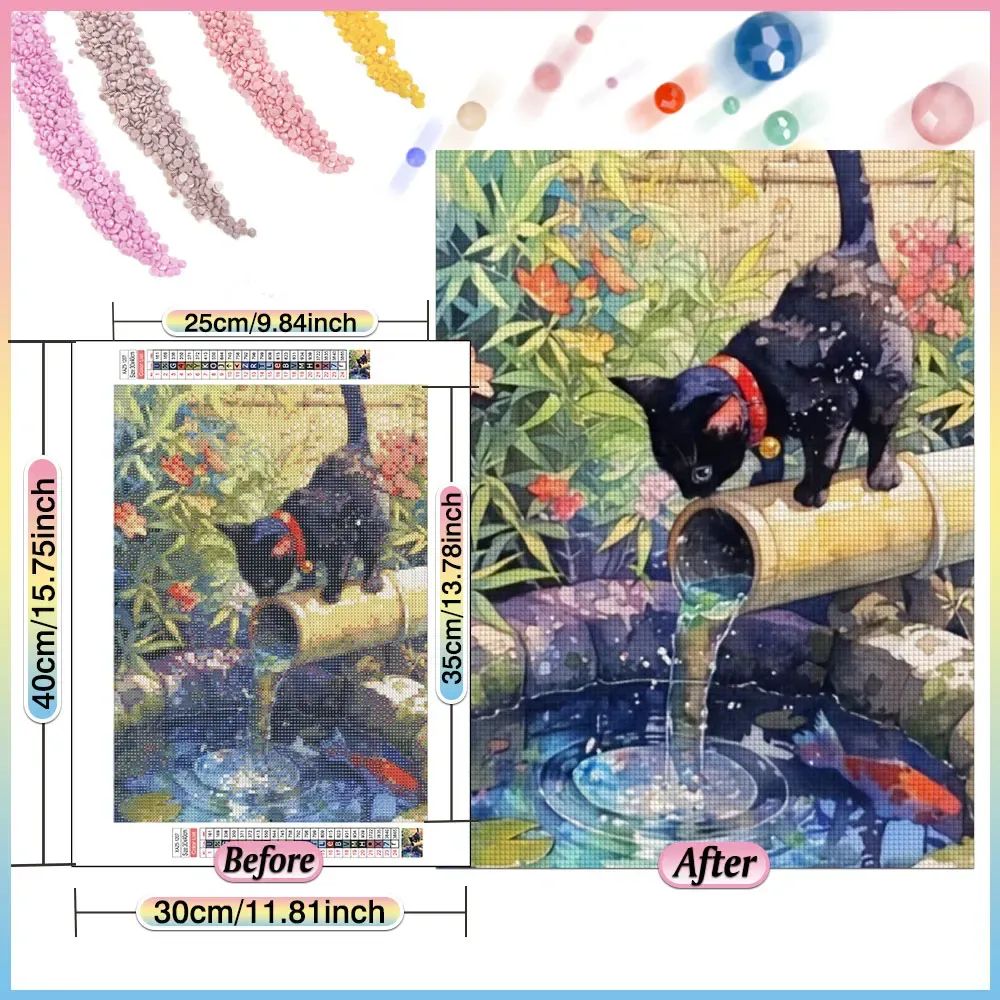Diamantbild Bambus Katze 20 bis 70 cm mit runden oder eckigen Steinen