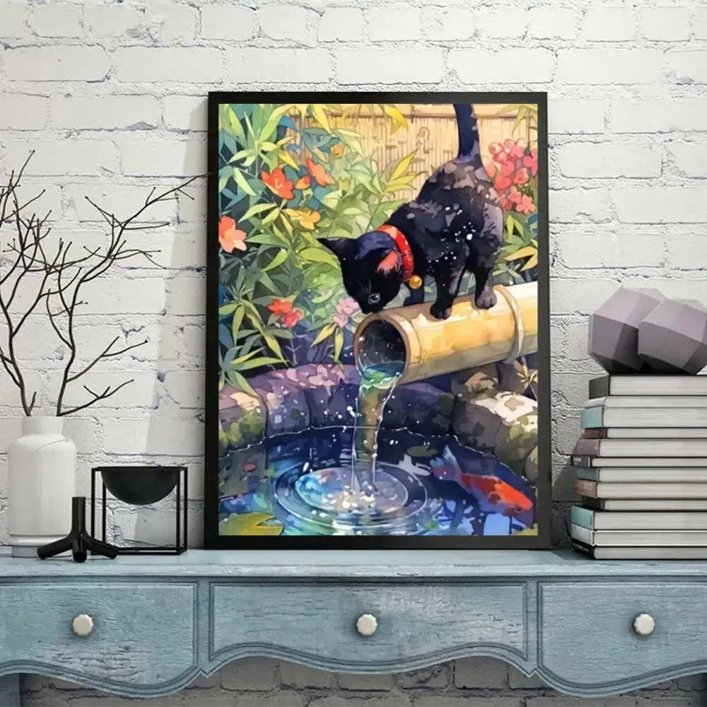 Diamantbild Bambus Katze 20 bis 70 cm mit runden oder eckigen Steinen