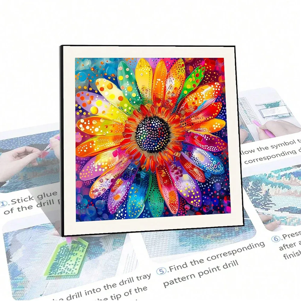 Diamantbild Gerbera Blume 30 bis 50 cm mit runden oder eckigen Steinen