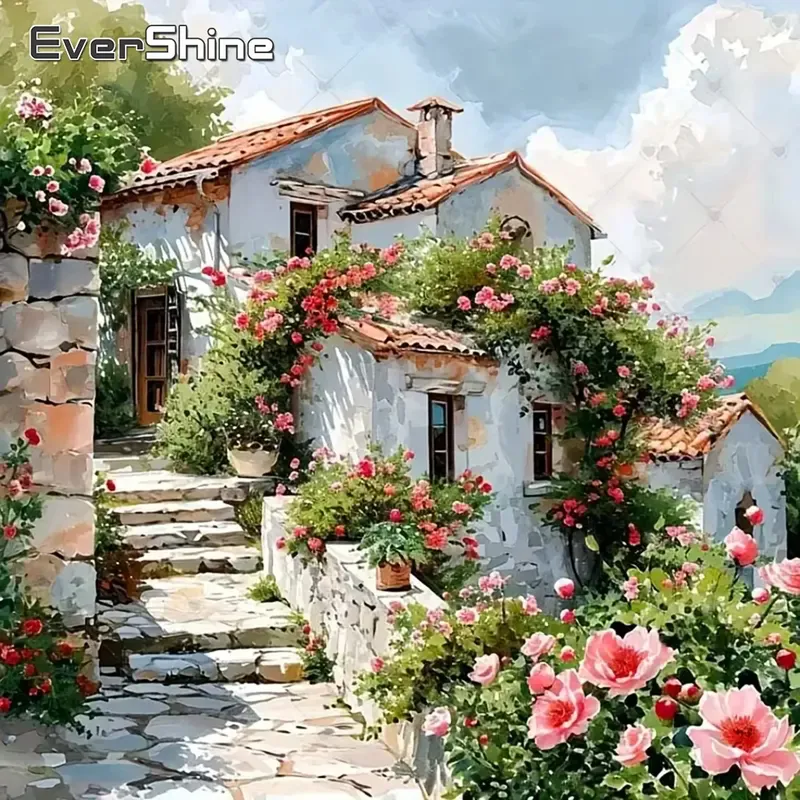 Diamantbild Haus Landschaft Blume Mosaik DIY Kreative Hobby