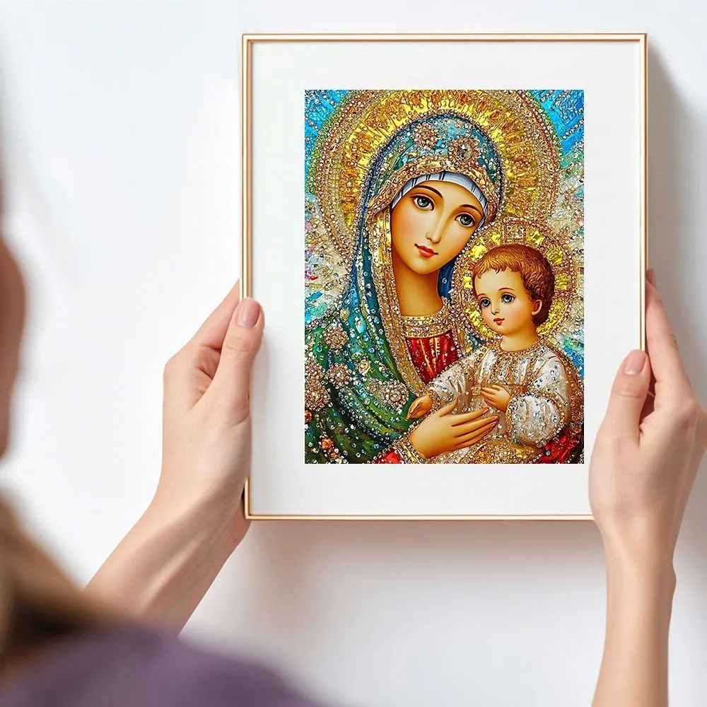 Diamantbild Heilige Mutter Kinder 20 bis 70 cm mit runden oder eckigen Steinen