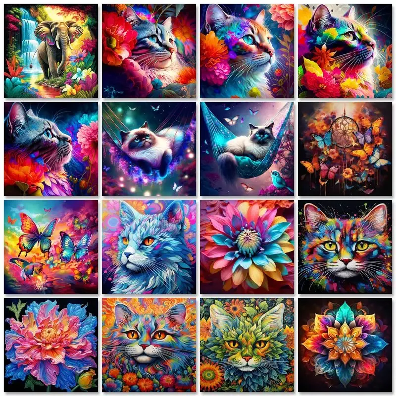 Diamantbild Katze 30 x 40 cm mit runden Steinen