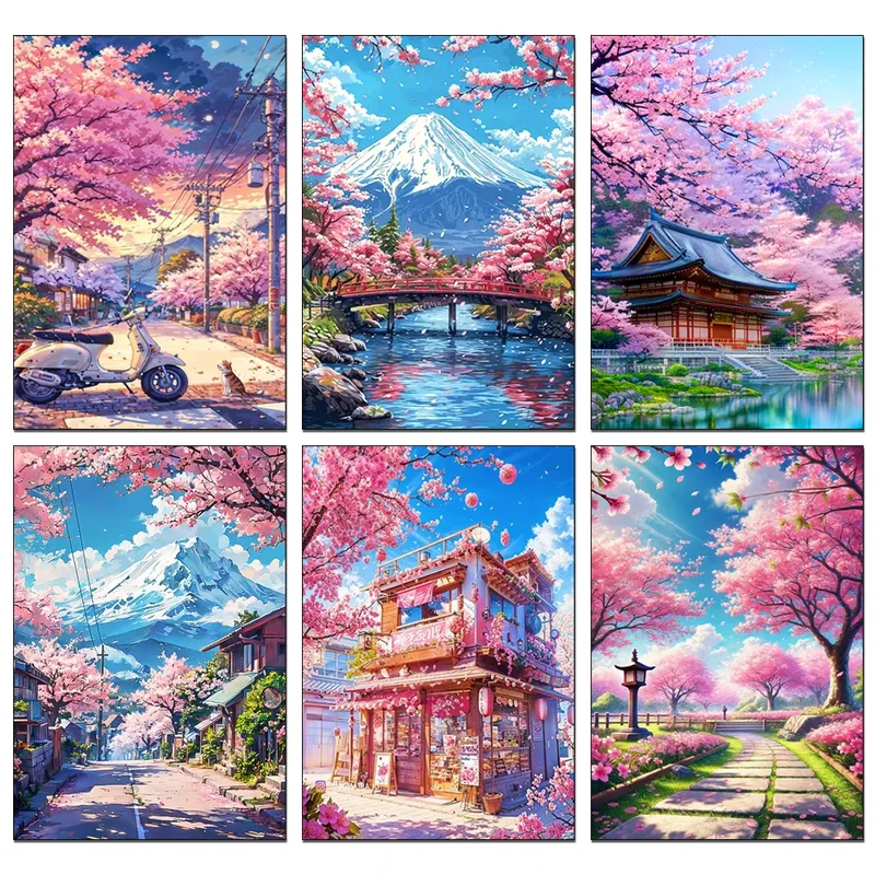 Diamantbild Kirschblüte Fuji Landschaft Mosaik Anfänger Deko