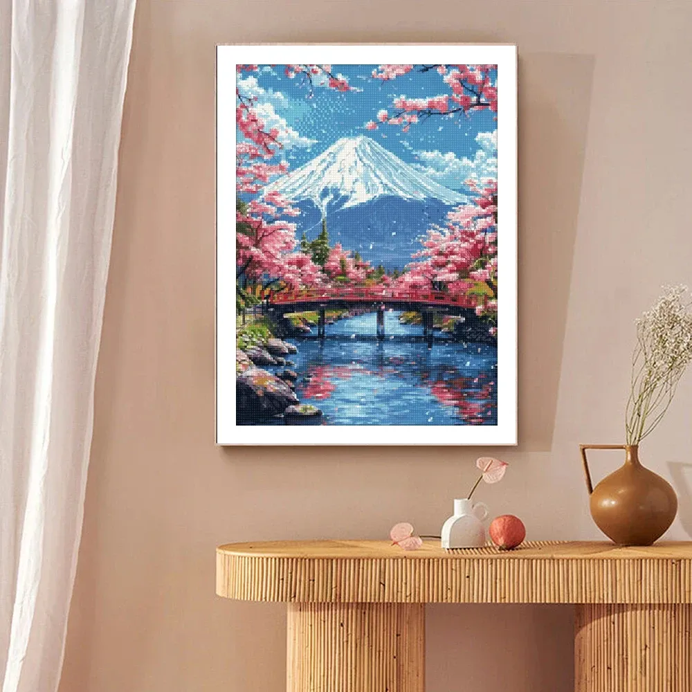 Diamantbild Kirschblüte Fuji Landschaft Mosaik Anfänger Deko