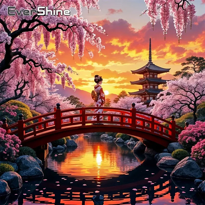 Diamantbild Kirschblüte Turm Landschaft Strass Mosaik Geschenk