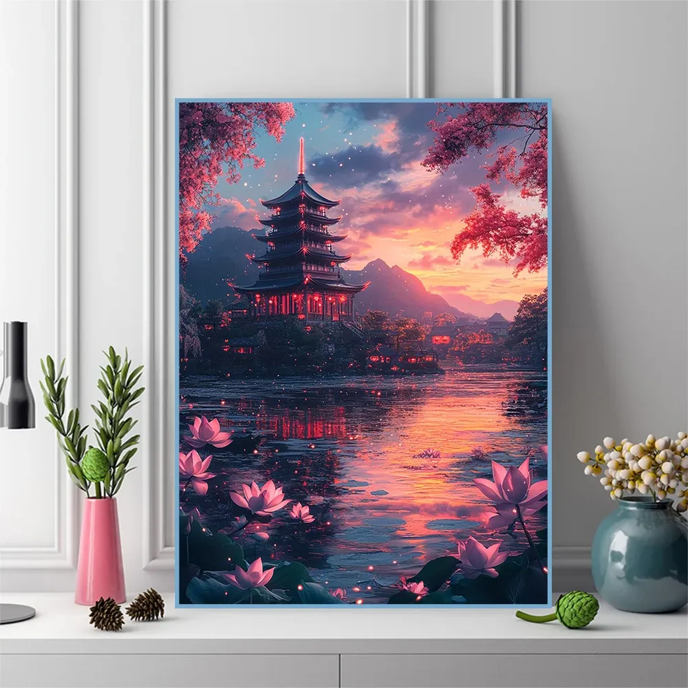 Diamantbild Landschaft Turm 20 bis 70 cm mit runden oder eckigen Steinen