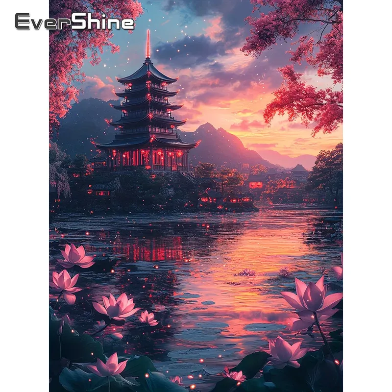 Diamantbild Landschaft Turm 20 bis 70 cm mit runden oder eckigen Steinen