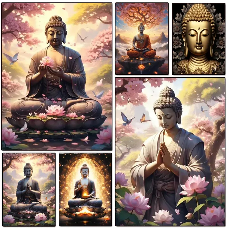 Diamantbild Lotus Buddha 20 bis 70 cm mit runden oder eckigen Steinen