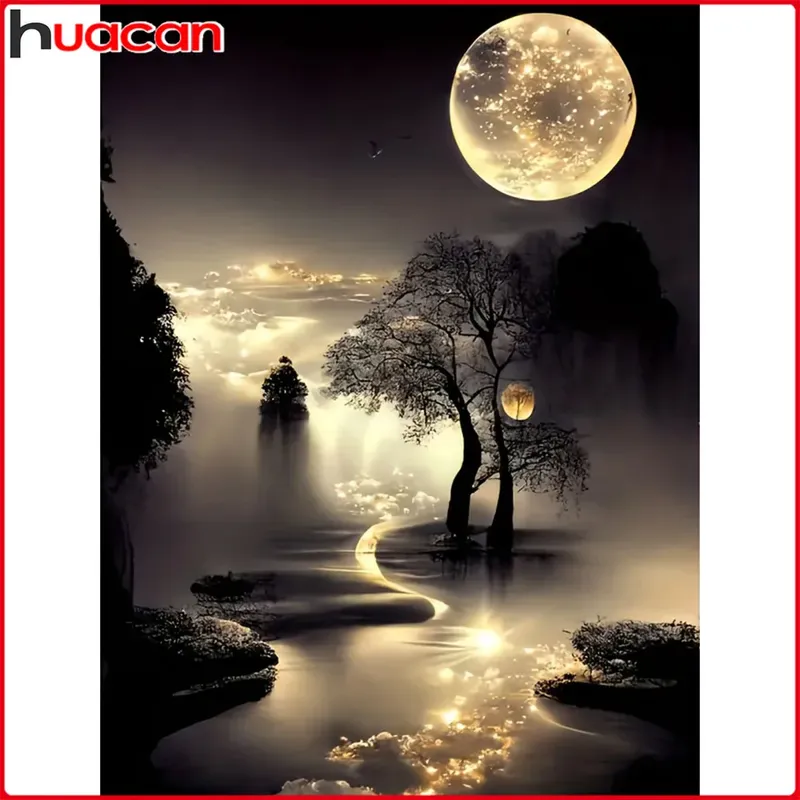 Diamantbild Mond Landschaft Mosaik Komplettset Heimdekoration