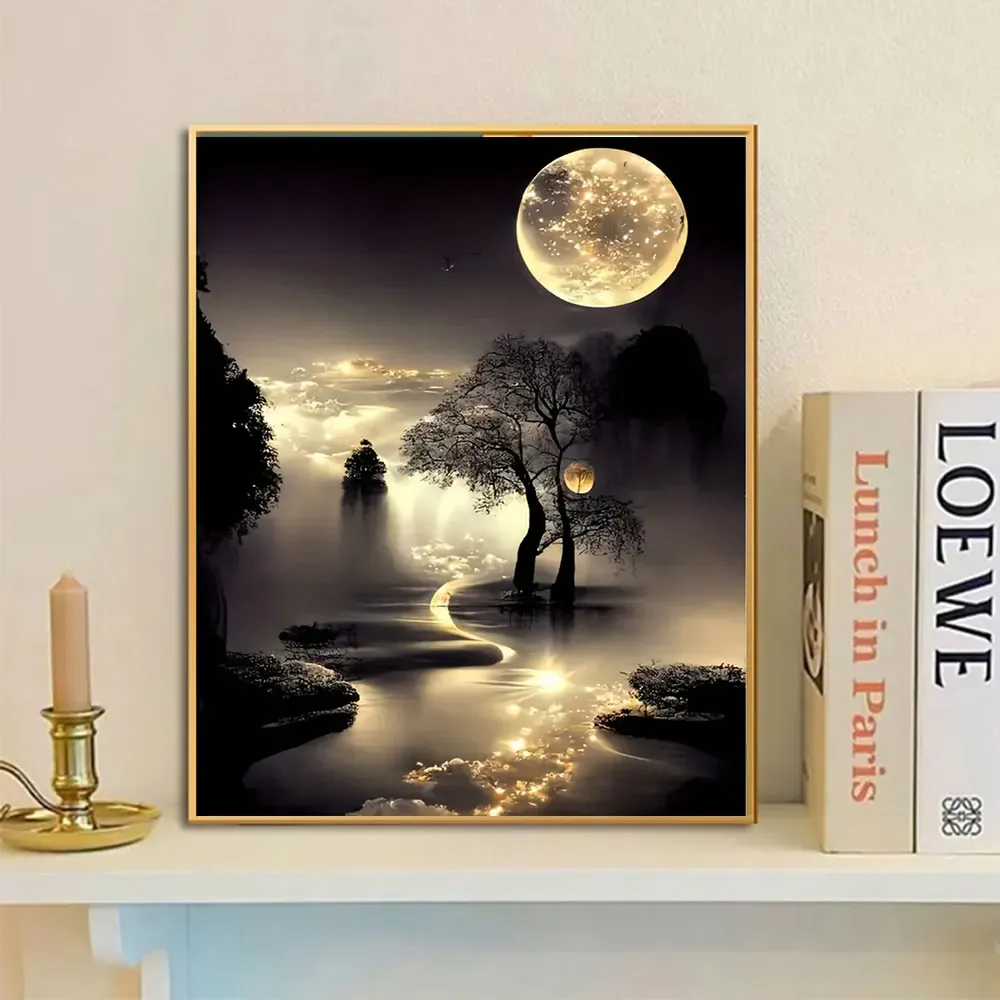 Diamantbild Mond Landschaft Mosaik Komplettset Heimdekoration