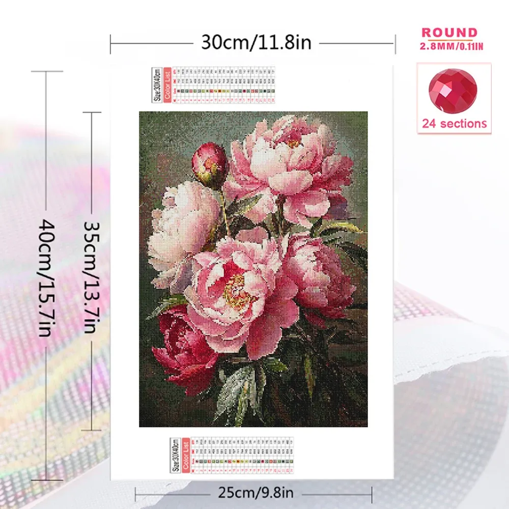 Diamantbild Pfingstrose Blume 20 bis 70 cm mit runden oder eckigen Steinen