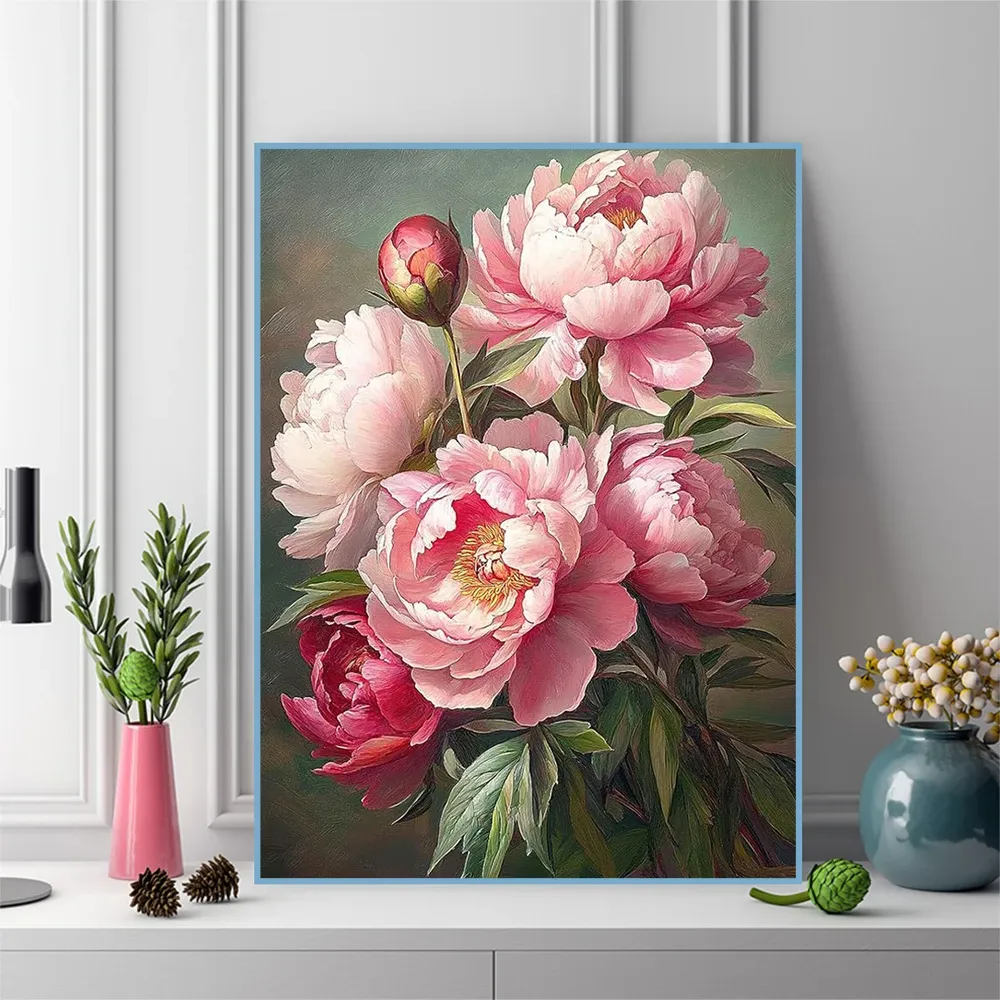 Diamantbild Pfingstrose Blume 20 bis 70 cm mit runden oder eckigen Steinen