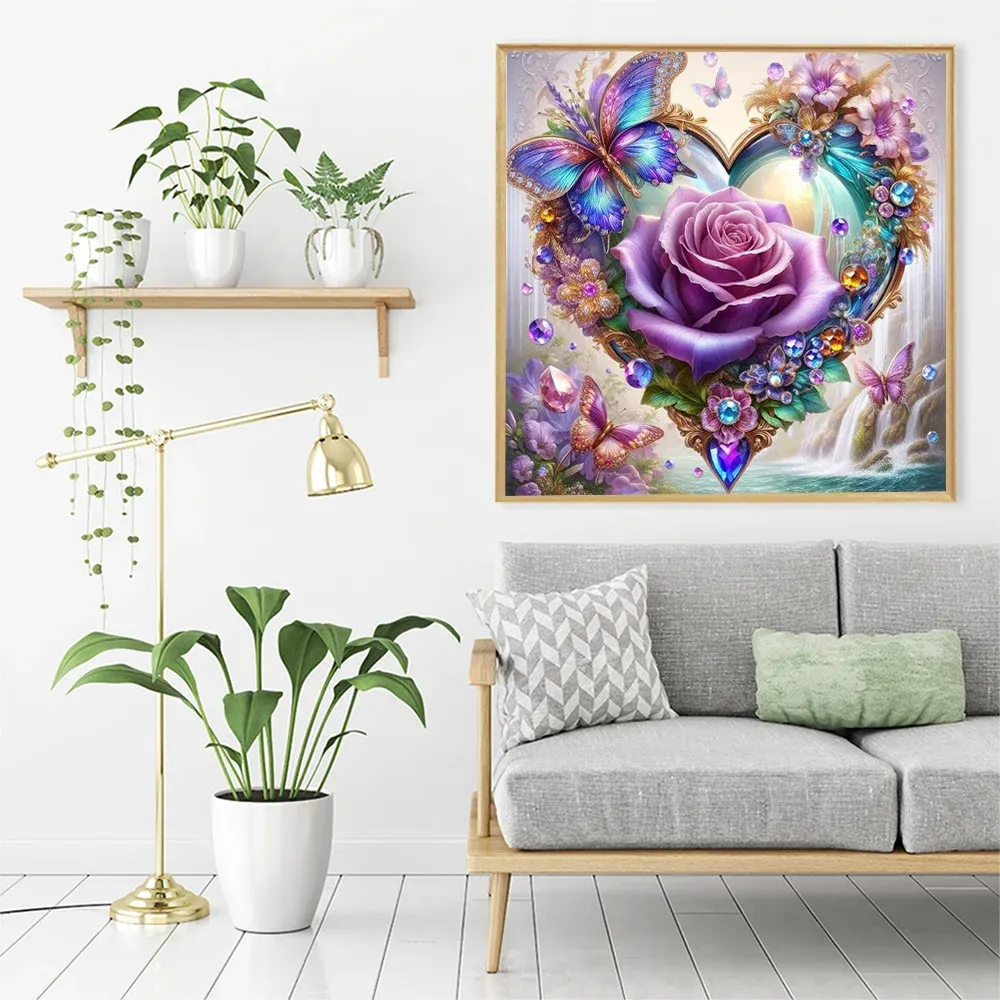 Diamantbild Rose Schmetterling 20 bis 50 cm mit runden oder eckigen Steinen
