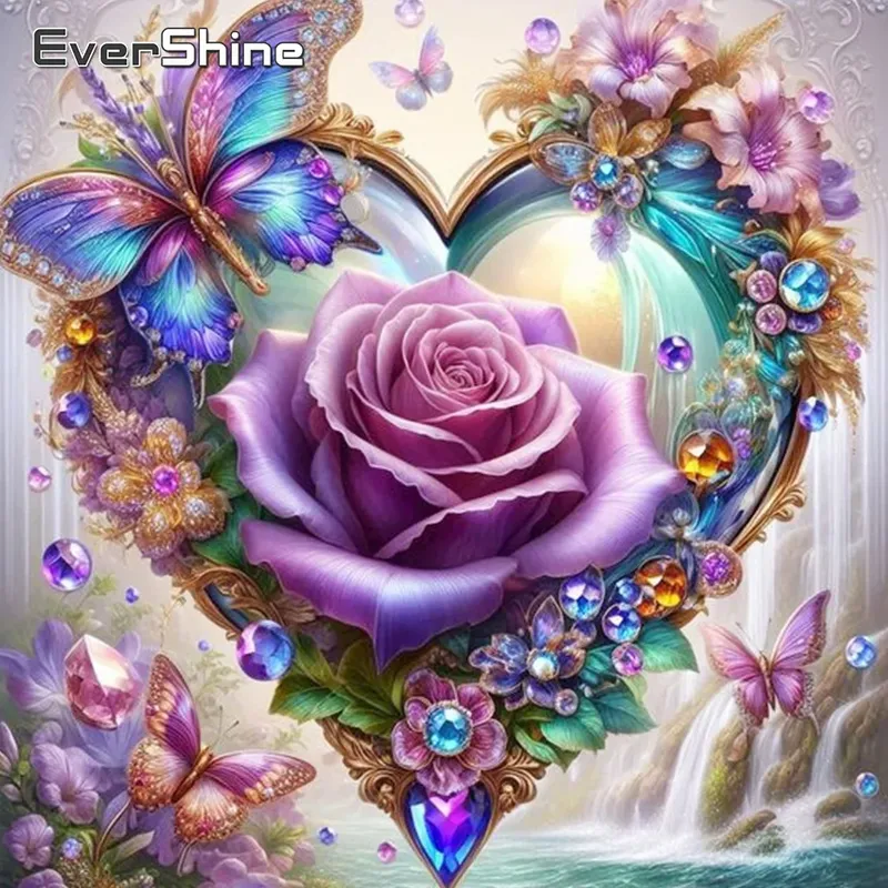 Diamantbild Rose Schmetterling 20 bis 50 cm mit runden oder eckigen Steinen