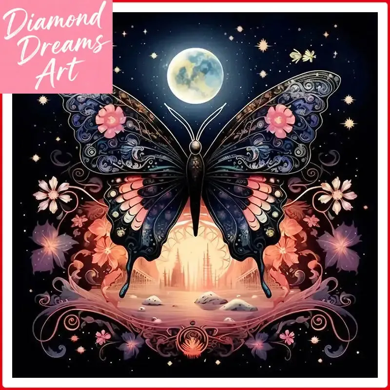 Diamantbild Schmetterling Mond Landschaft Strass Stickerei Deko