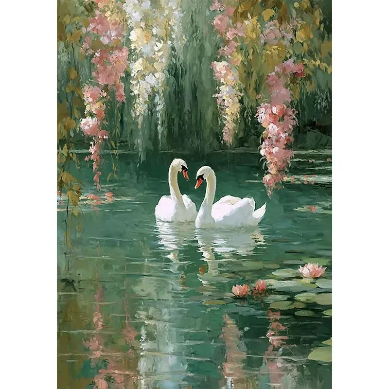 Diamantbild Schwäne am See 20 bis 70 cm mit runden oder eckigen Steinen