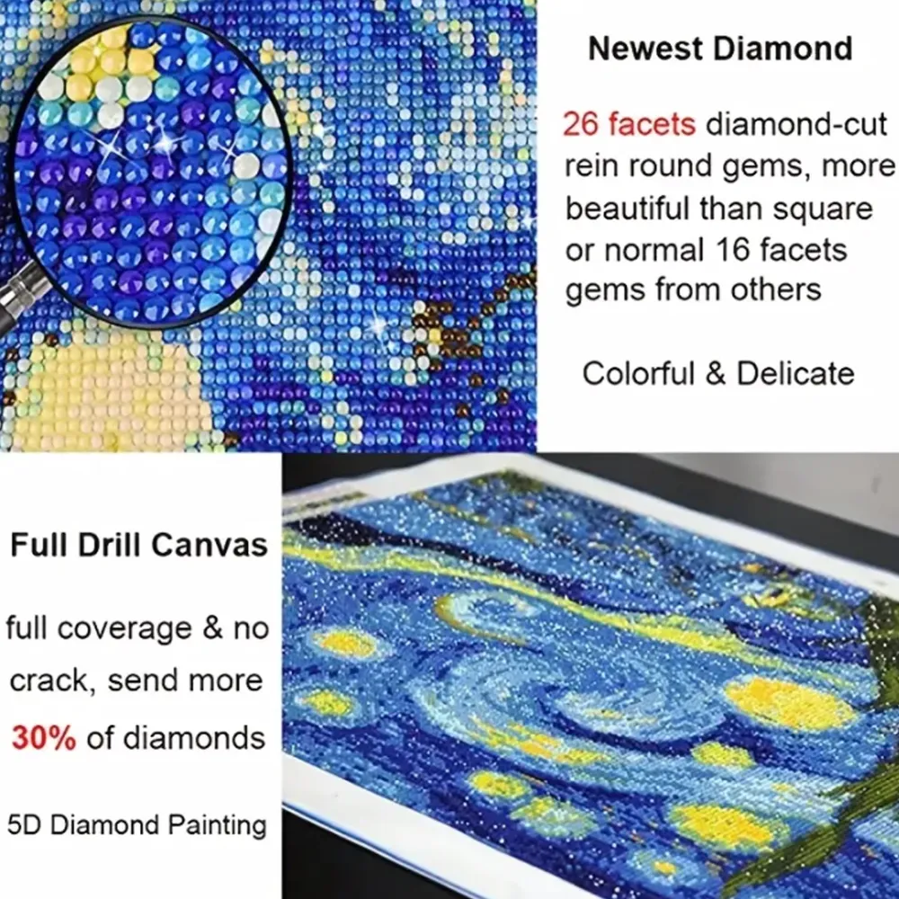 Diamantbild Sternenhimmel Van Gogh 30 x 40 cm mit runden Steinen