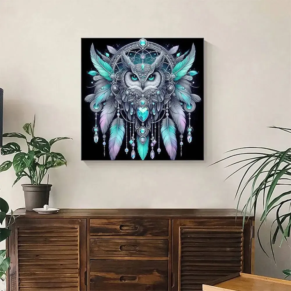 Diamantbild Traumfänger Eule 20 bis 60 cm mit runden Steinen
