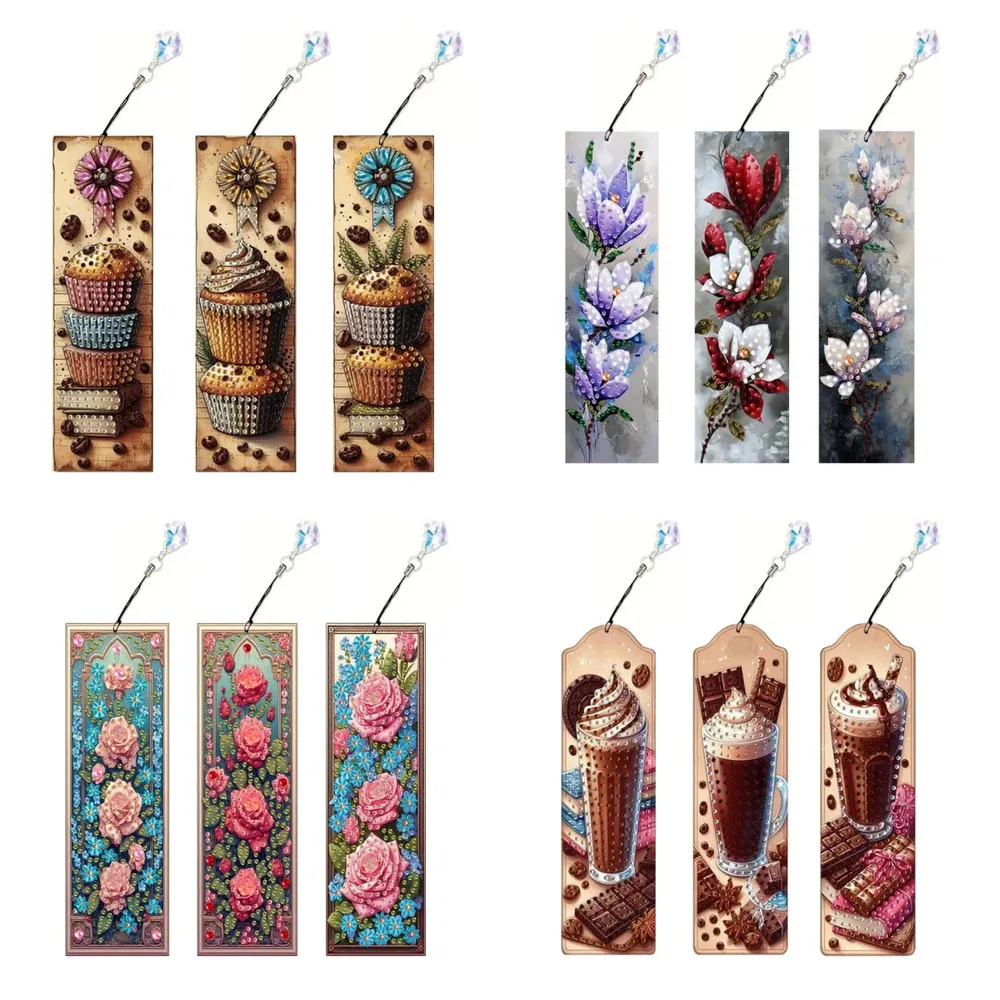 Diamantmalerei Blumen Kaffee Dessert Muster Lesezeichen Set PET