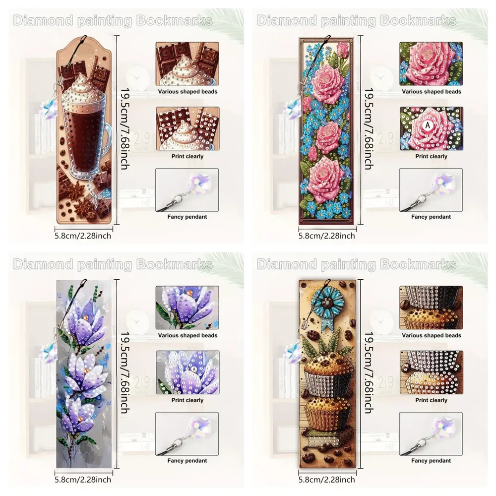 Diamantmalerei Blumen Kaffee Dessert Muster Lesezeichen Set PET