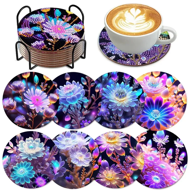 Diamantmalerei Blumenmotiv Untersetzer Set mit Halter Holz