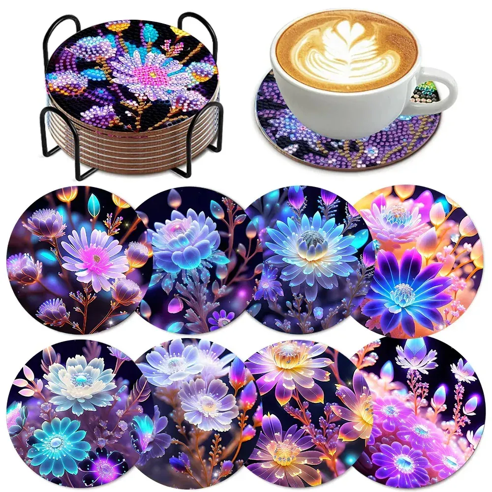 Diamantmalerei Blumenmotiv Untersetzer Set mit Halter Holz