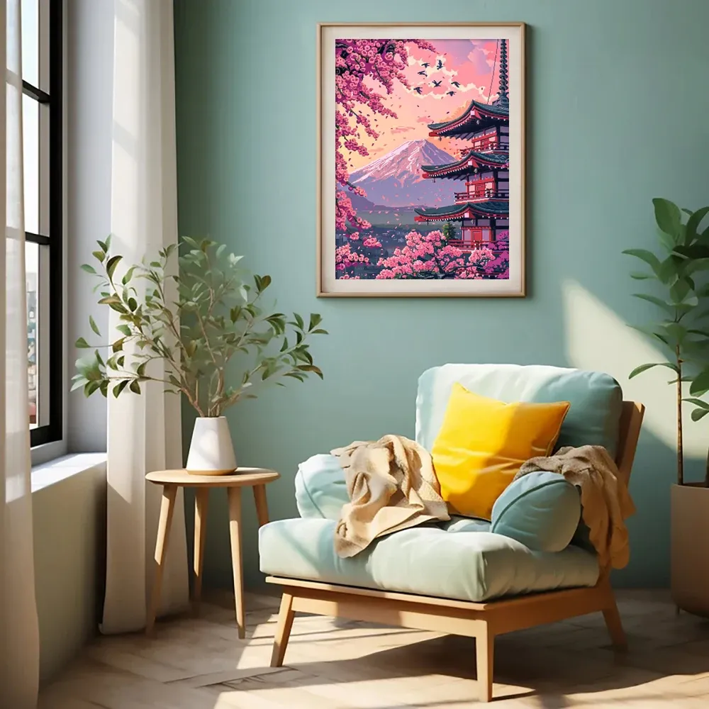 Diamantmalerei Digitale Landschaft Kirschblüten Turm mit Vollbohrern