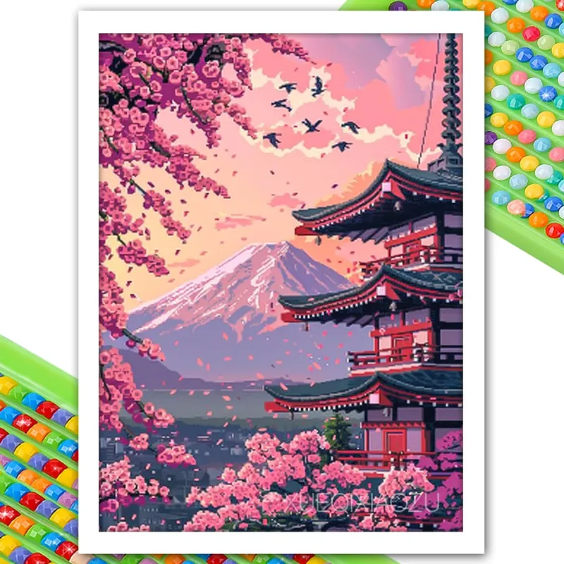 Diamantmalerei Digitale Landschaft Kirschblüten Turm mit Vollbohrern