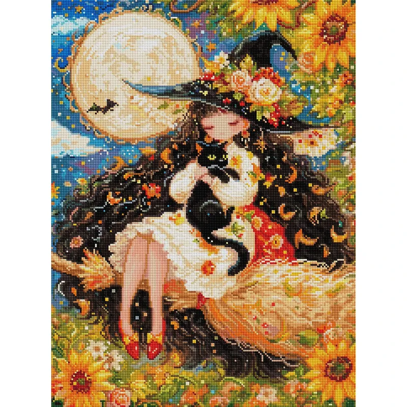 Diamantmalerei Hexe Schwarze Katze 45x60cm
