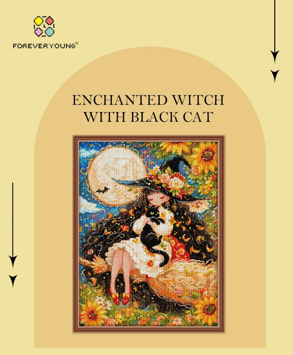 Diamantmalerei Hexe Schwarze Katze 45x60cm