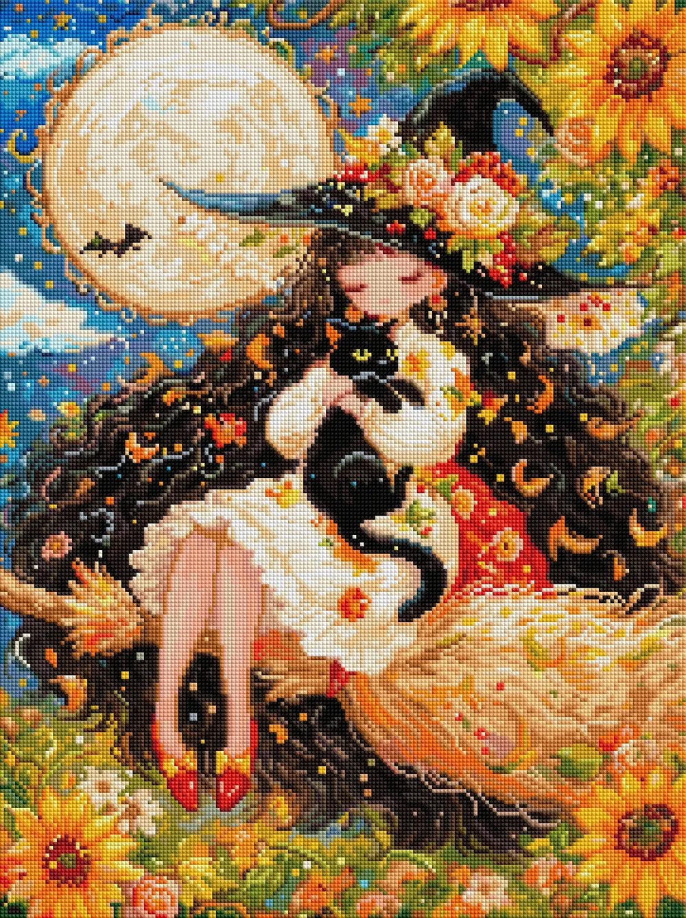 Diamantmalerei Hexe Schwarze Katze 45x60cm