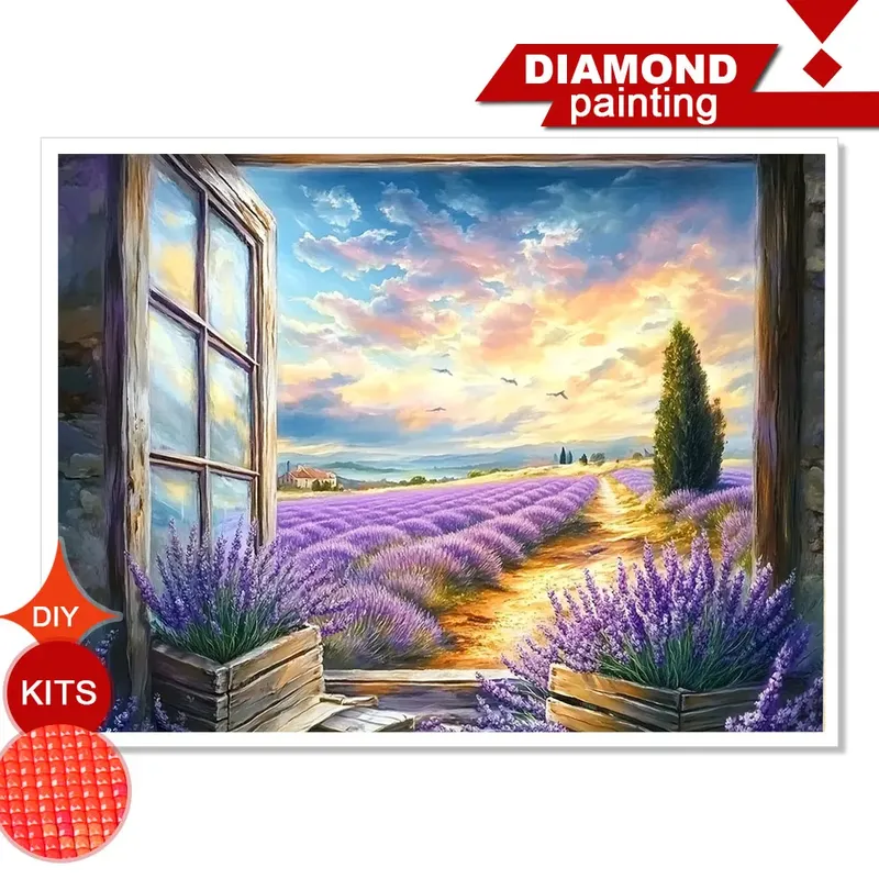 Diamantmalerei Lavendelfeld Landschaft 20x30 bis 50x70 cm