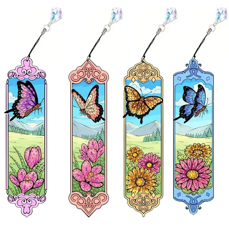 Diamantmalerei Lesezeichen Blumen Schmetterling Muster mit Kristall Anhänger