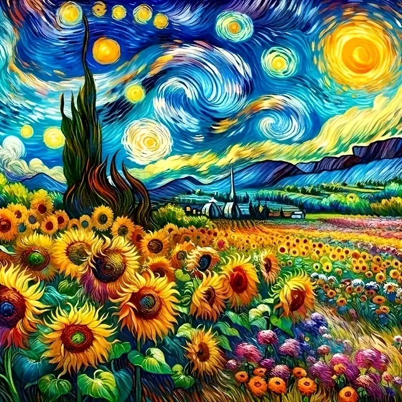 Diamantmalerei Sonnenblumen Sternenhimmel Runde Diamanten