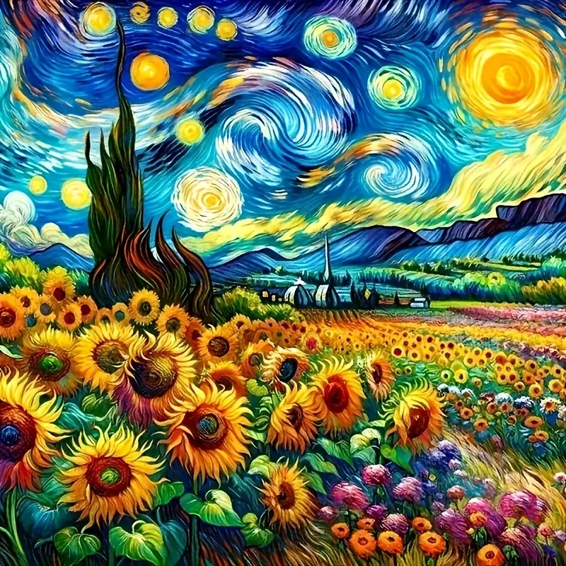 Diamantmalerei Sonnenblumen Sternenhimmel Runde Diamanten