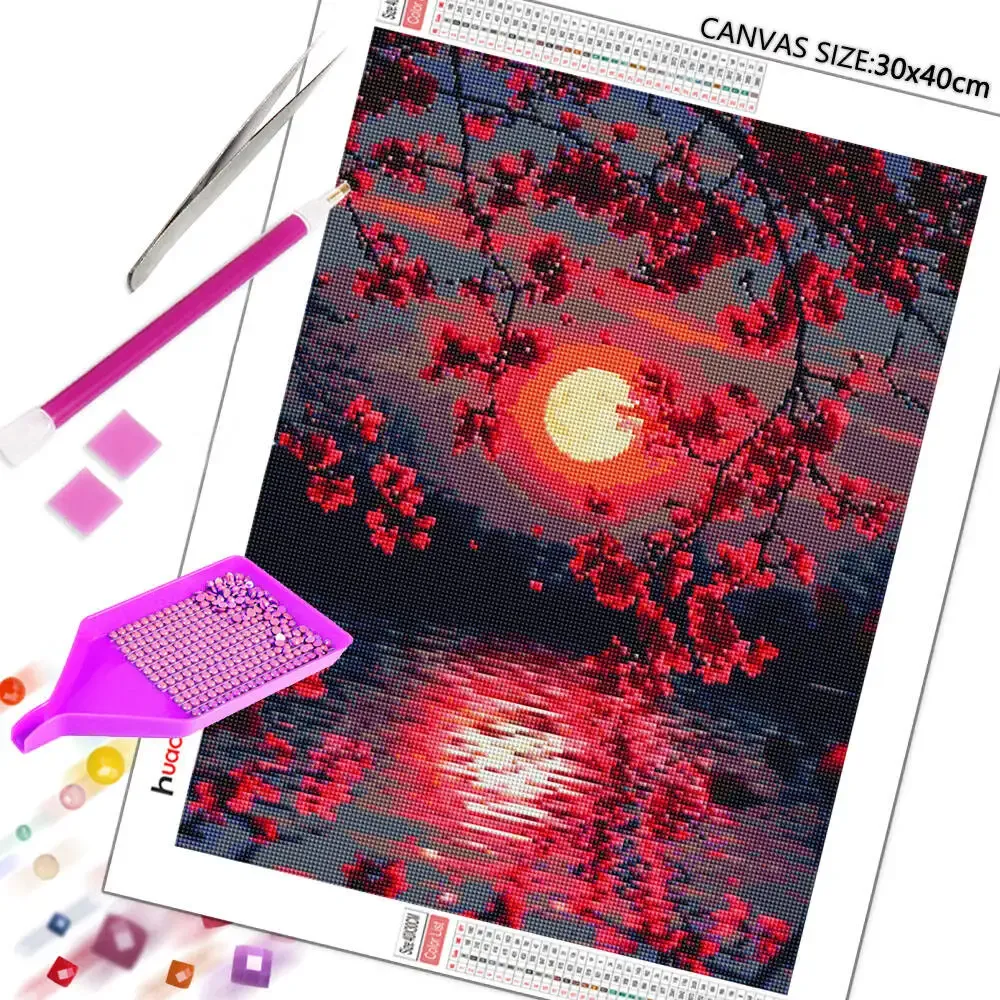 Diamantmalerei Sonnenuntergang Pflaumenblüte Landschaft 20x30cm bis 50x70cm