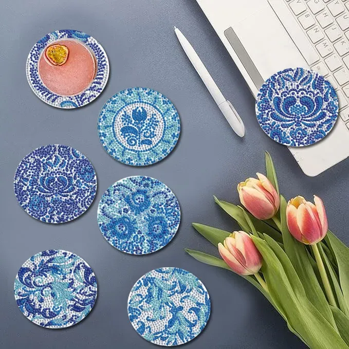 Diamantmalerei Untersetzer Set Blau Weiß Porzellan Spezialform Kristall