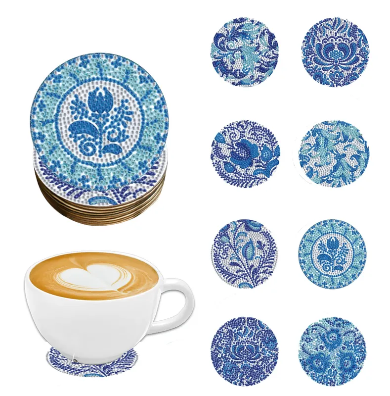 Diamantmalerei Untersetzer Set Blau Weiß Porzellan Spezialform Kristall