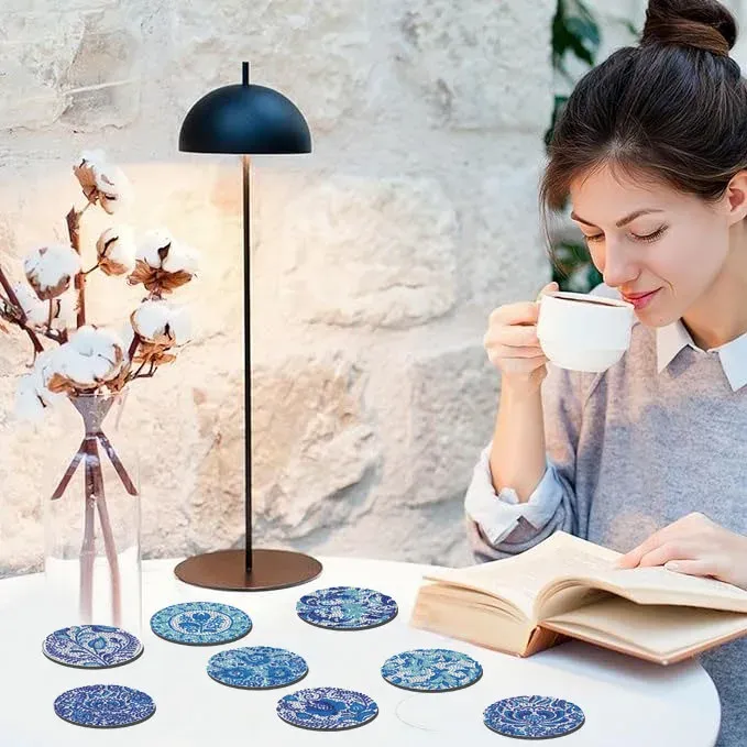 Diamantmalerei Untersetzer Set Blau Weiß Porzellan Spezialform Kristall
