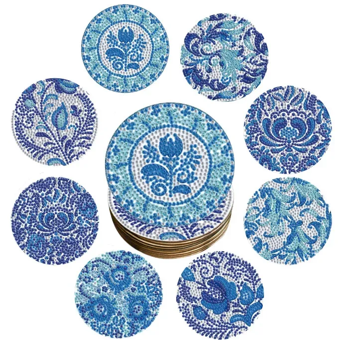Diamantmalerei Untersetzer Set Blau Weiß Porzellan Spezialform Kristall