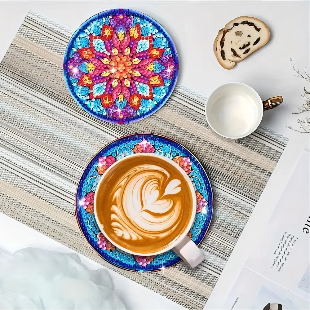 Diamantmalerei Untersetzer Set mit Halter Blumenmotiv Holz Mosaik